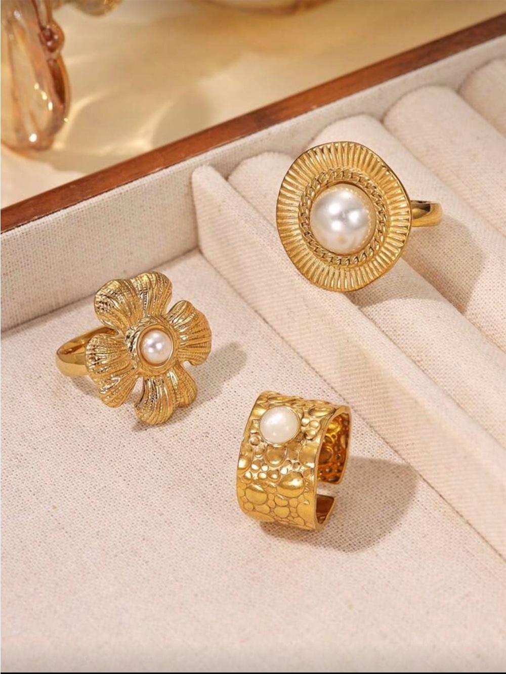 18k Gold plated Pearl Accent Rings- 3 pieces size 8